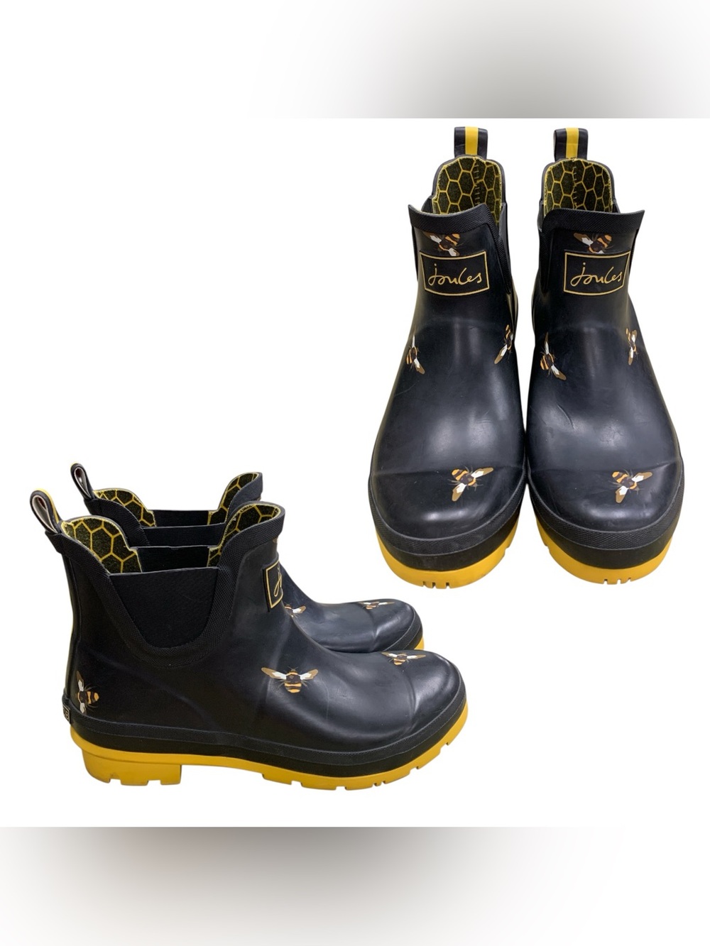 Joules Black Chelsea Rain Boots with Yellow Bee Accents S9